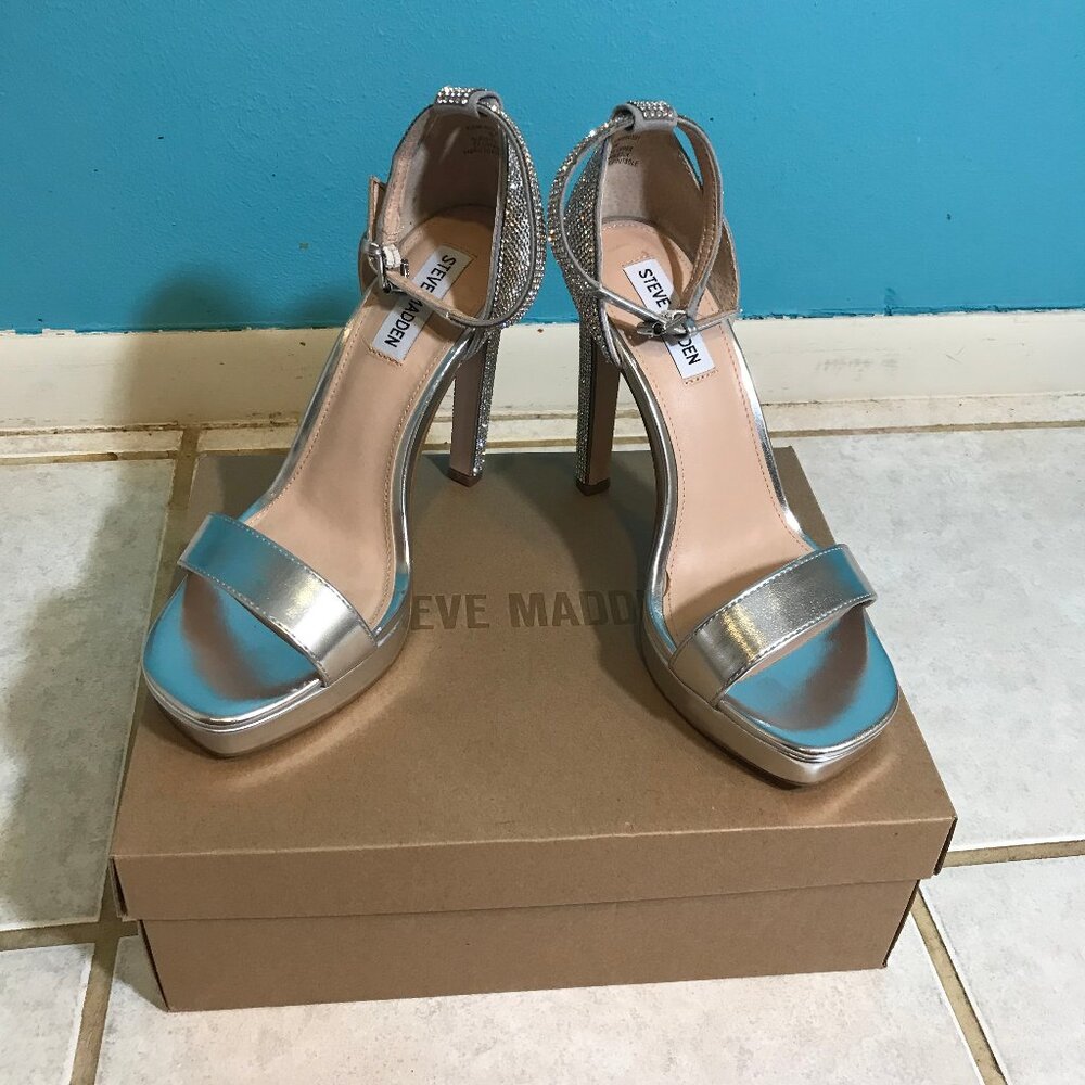 NEW Steve Madden Kisha Platform Sandal Silver Rhinestone Sparkly Bling * Size 9 - Picture 5 of 10